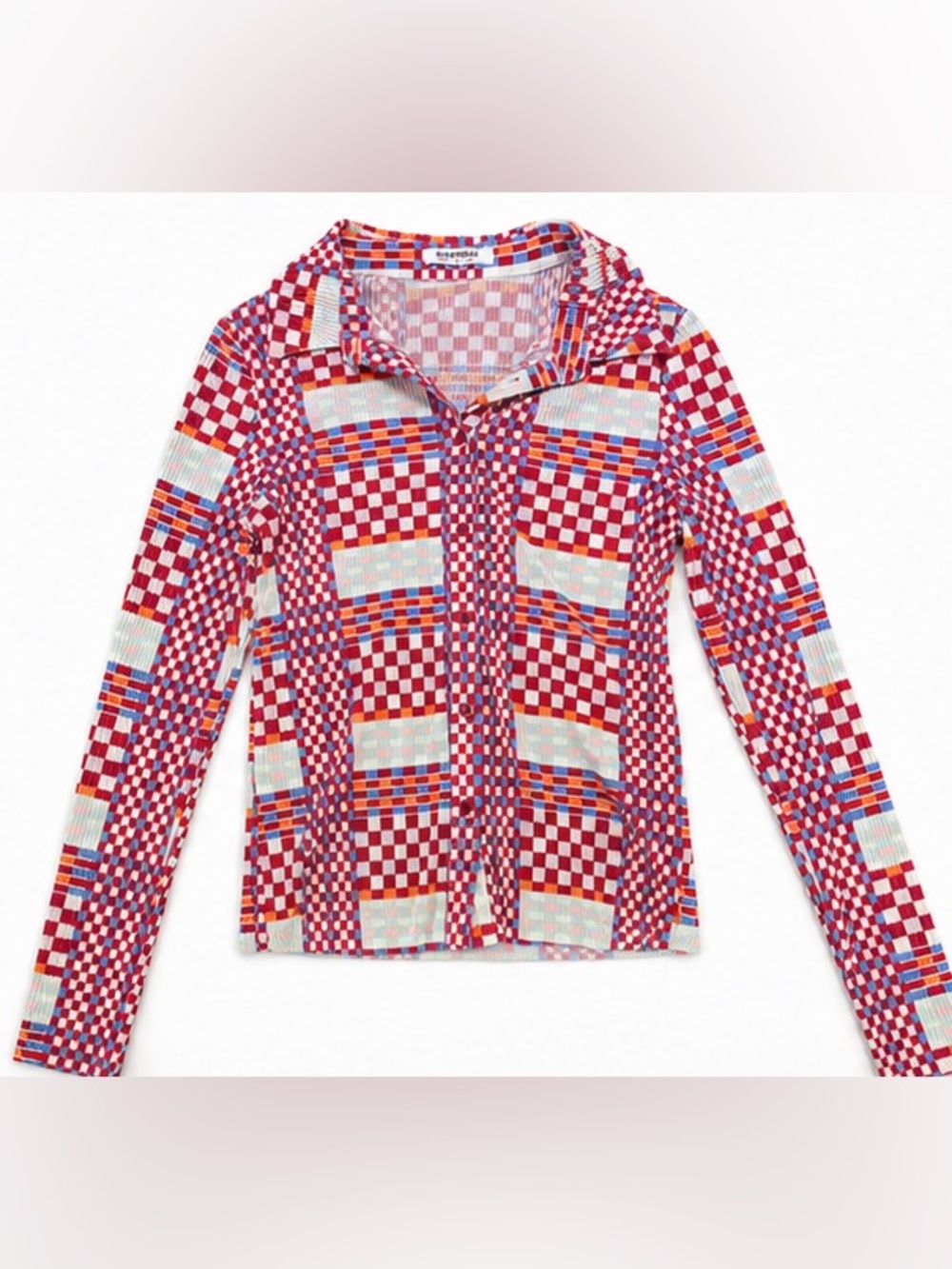 Glamorous Red Blue White Checkerboard Button-Up Top size small
